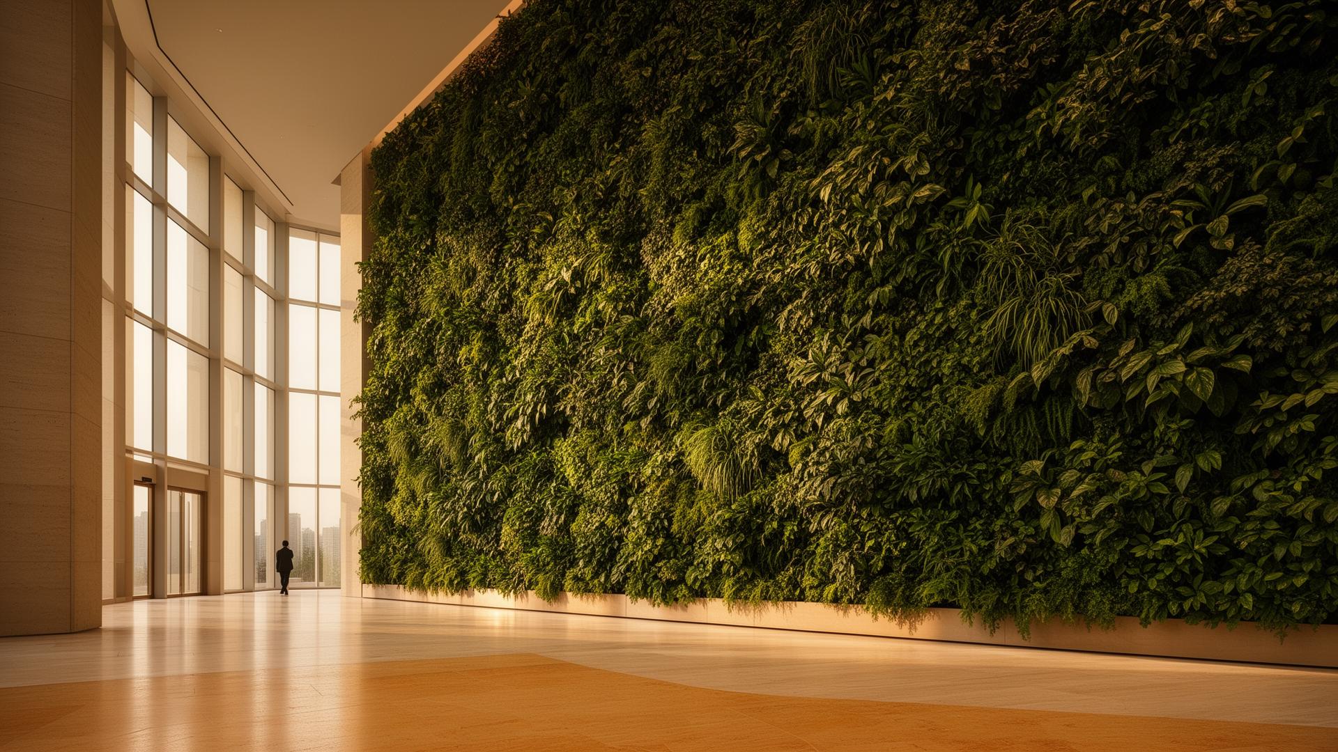 A sunlit interior with a lush, floor-to-ceiling living wall