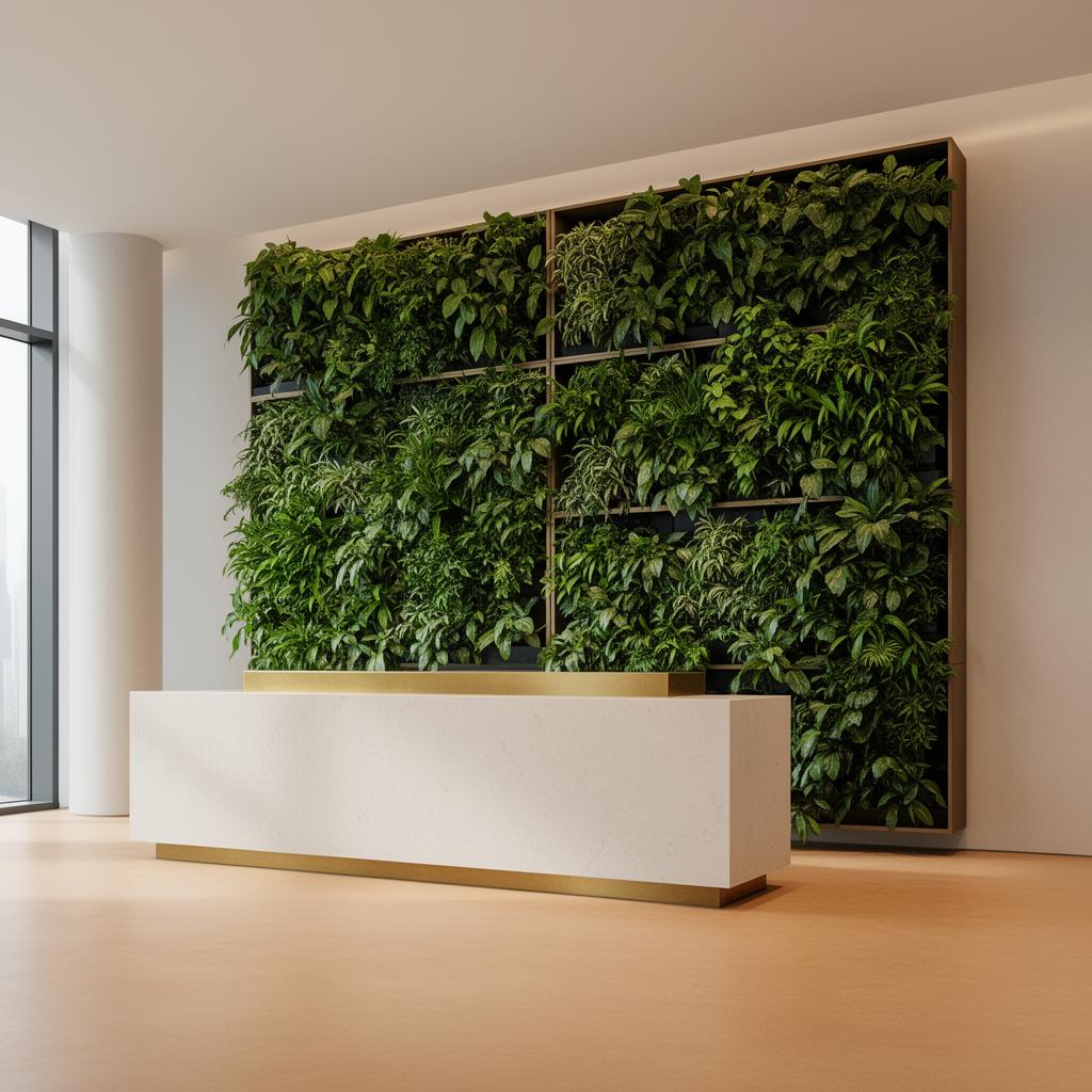 Brand project image of a reception area with a JungleMat green wall