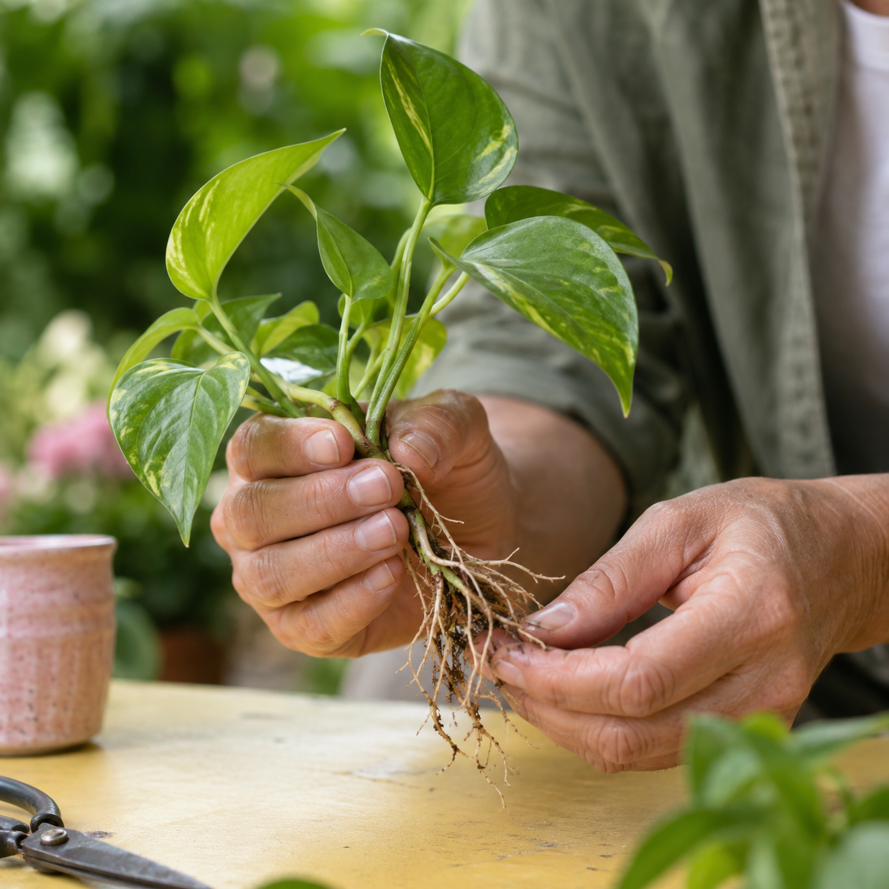 Hands gently holding a young plant cutting and its roots