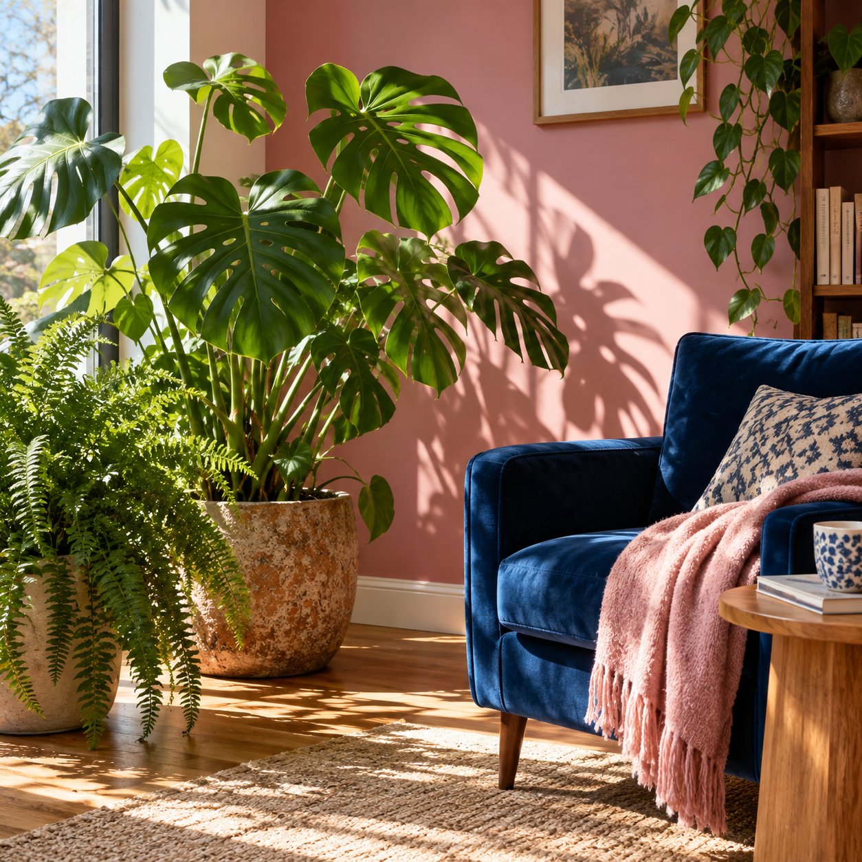 A sunny living room corner filled with houseplants